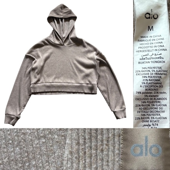 ALO Yoga Muse Ribbed Crop Top Hoodie Women’s Size Medium In Beige - Picture 8 of 9